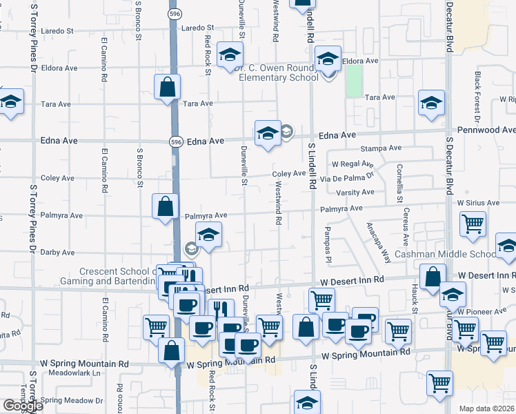 map of restaurants, bars, coffee shops, grocery stores, and more near 5750 Palmyra Avenue in Las Vegas