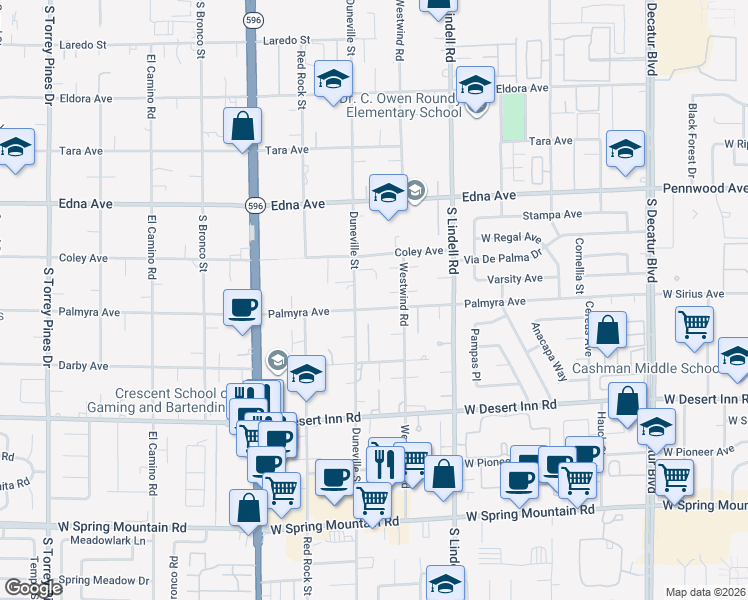 map of restaurants, bars, coffee shops, grocery stores, and more near 5750 Palmyra Avenue in Las Vegas