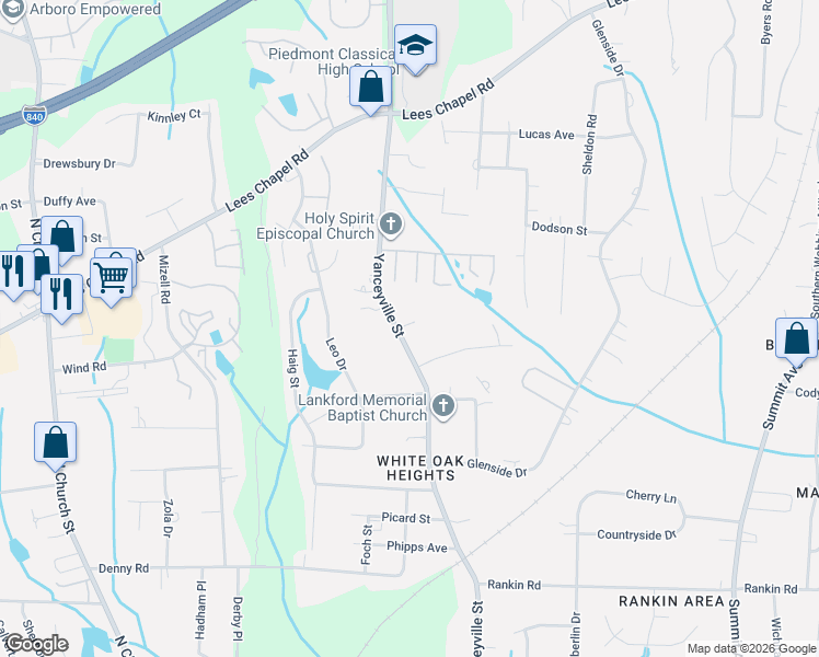 map of restaurants, bars, coffee shops, grocery stores, and more near 3816 Yanceyville Street in Greensboro