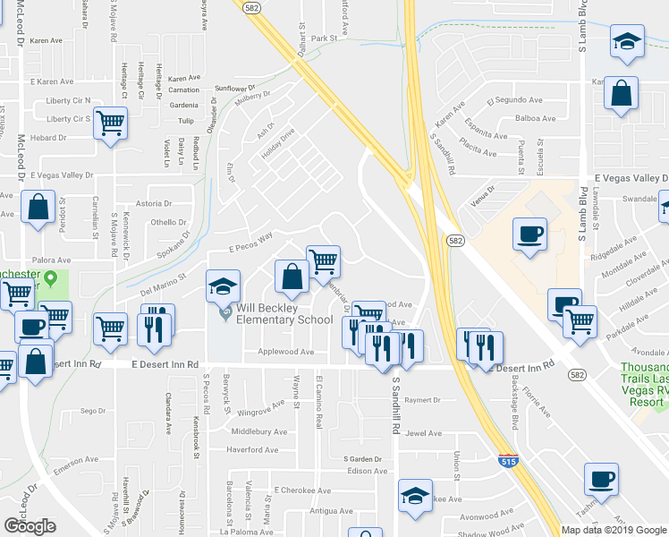 map of restaurants, bars, coffee shops, grocery stores, and more near 725 Greenbriar Townhouse Way in Las Vegas