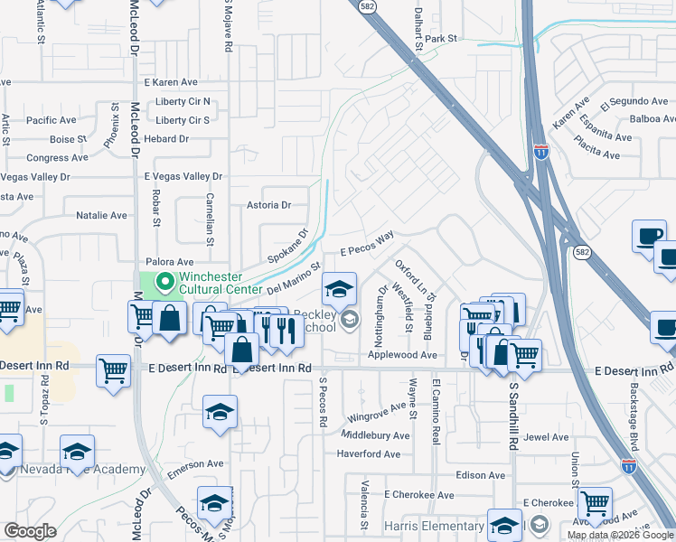 map of restaurants, bars, coffee shops, grocery stores, and more near 235 East Pecos Way in Las Vegas