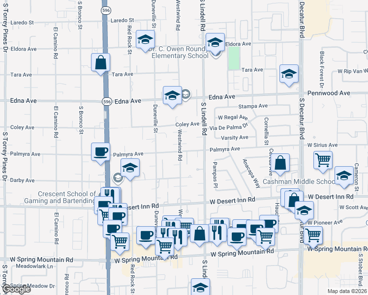 map of restaurants, bars, coffee shops, grocery stores, and more near 3080 Westwind Road in Las Vegas