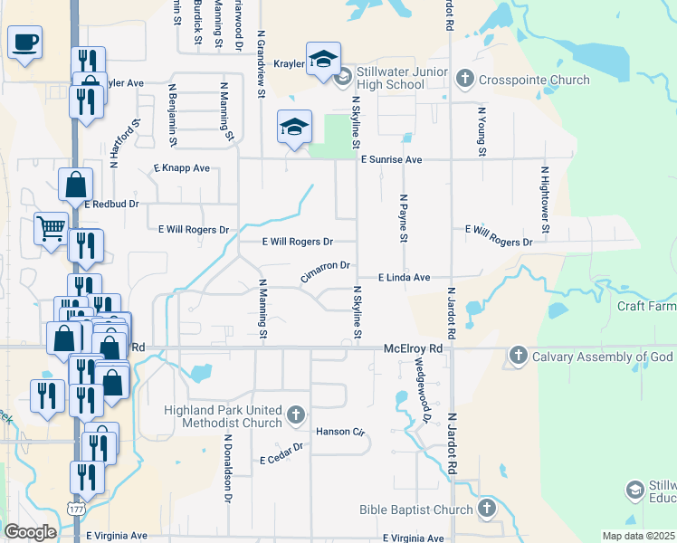 map of restaurants, bars, coffee shops, grocery stores, and more near 1519 Cimarron Drive in Stillwater