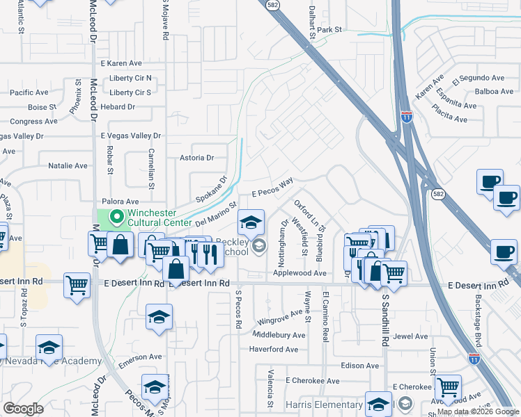 map of restaurants, bars, coffee shops, grocery stores, and more near 235 East Pecos Way in Las Vegas