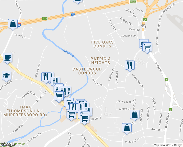 map of restaurants, bars, coffee shops, grocery stores, and more near 1058 Harold Drive in Nashville