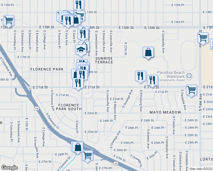 map of restaurants, bars, coffee shops, grocery stores, and more near 1947 South Knoxville Avenue in Tulsa