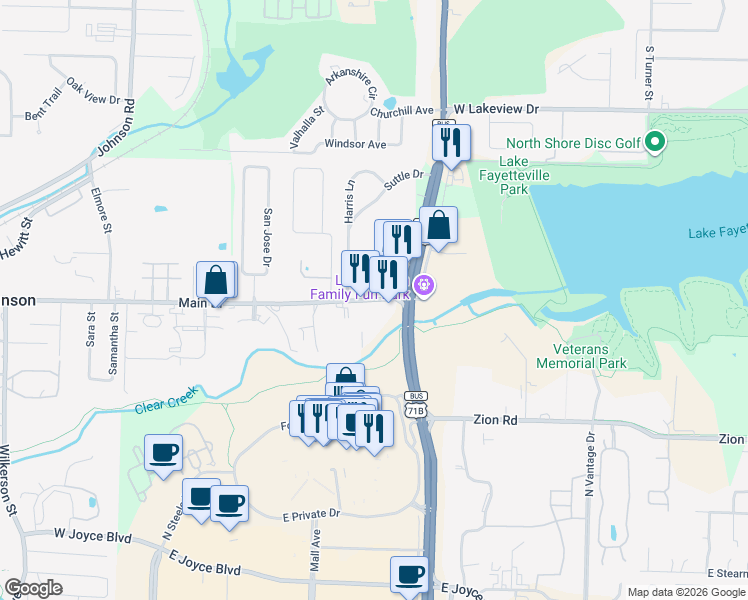 map of restaurants, bars, coffee shops, grocery stores, and more near 1564 Main Drive in Springdale
