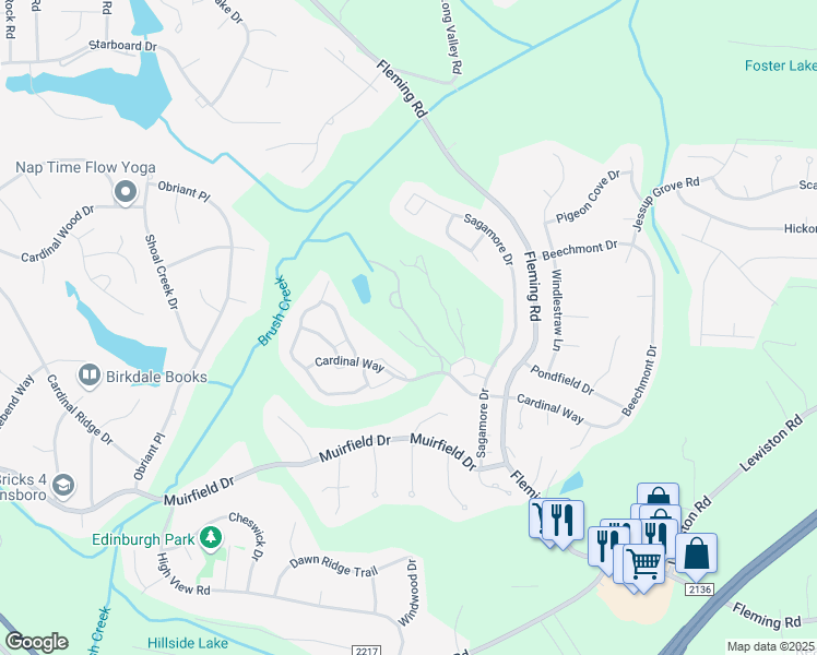 map of restaurants, bars, coffee shops, grocery stores, and more near 3707 Cardinal Downs Drive in Greensboro
