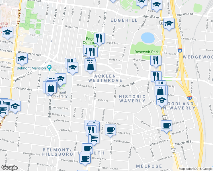 map of restaurants, bars, coffee shops, grocery stores, and more near 1013 Acklen Avenue in Nashville