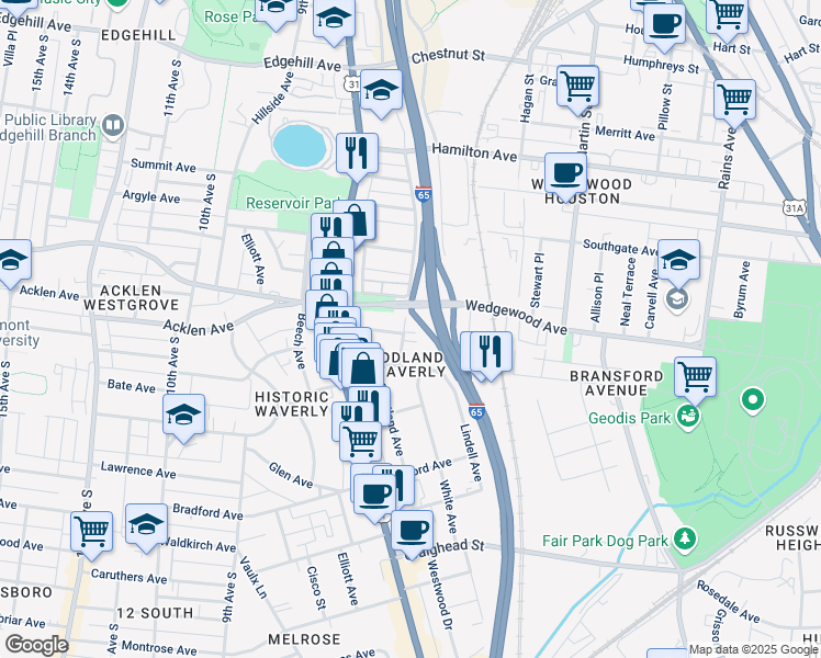 map of restaurants, bars, coffee shops, grocery stores, and more near 1900 Ridley Boulevard in Nashville
