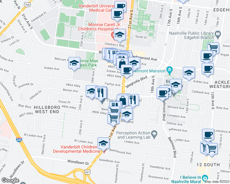 map of restaurants, bars, coffee shops, grocery stores, and more near 2108 Portland Avenue in Nashville