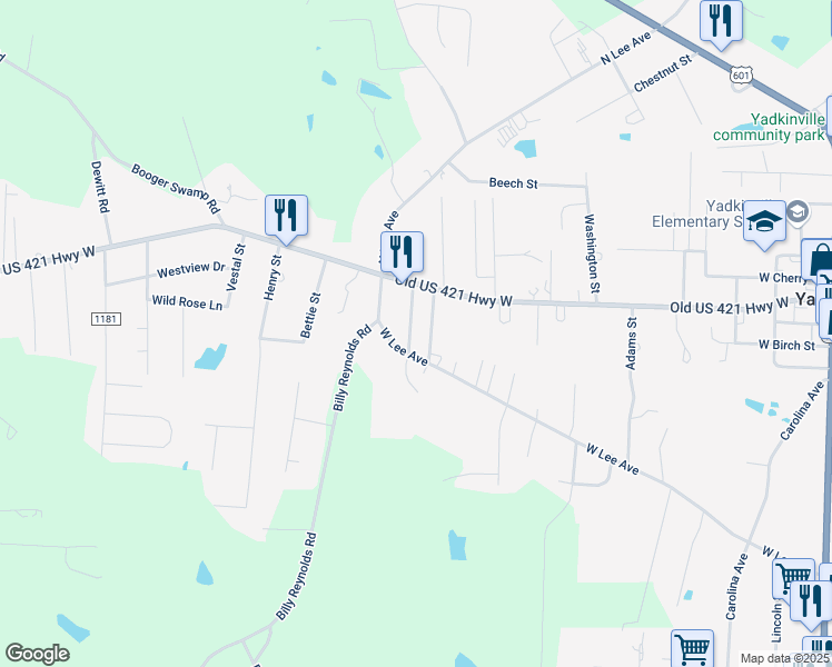 map of restaurants, bars, coffee shops, grocery stores, and more near 125 Filmore Street in Yadkinville
