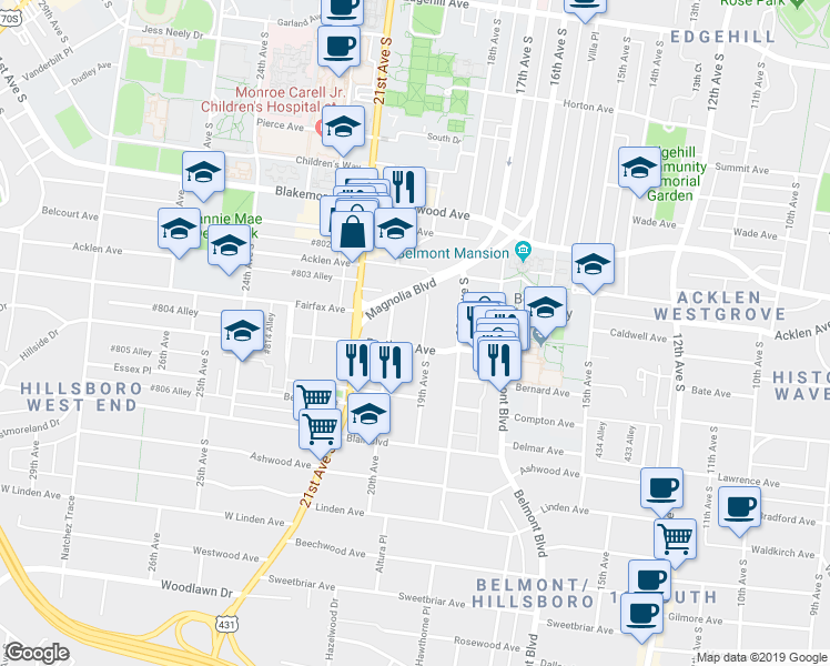 map of restaurants, bars, coffee shops, grocery stores, and more near 1925 19th Avenue South in Nashville