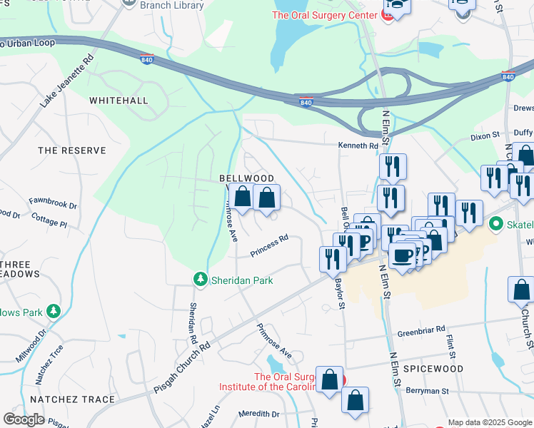 map of restaurants, bars, coffee shops, grocery stores, and more near 4237 Baylor Street in Greensboro