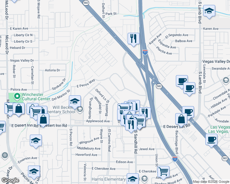 map of restaurants, bars, coffee shops, grocery stores, and more near 725 Greenbriar Townhouse Way in Las Vegas