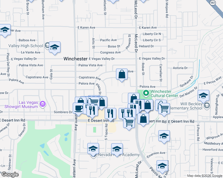 map of restaurants, bars, coffee shops, grocery stores, and more near 3080 Capistrano Court in Las Vegas