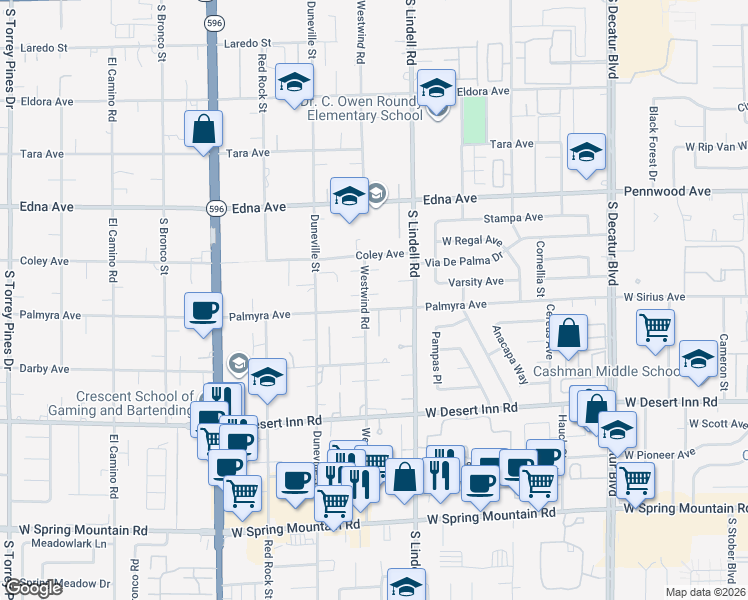 map of restaurants, bars, coffee shops, grocery stores, and more near 3080 Westwind Road in Las Vegas