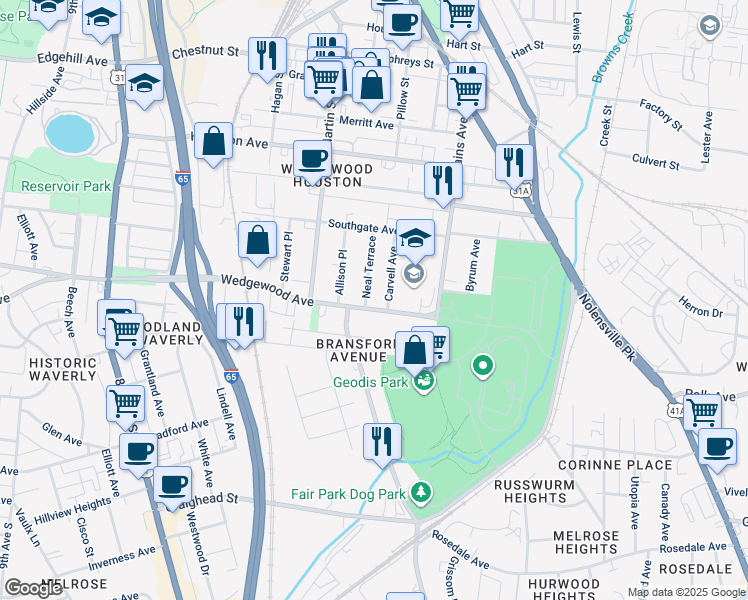 map of restaurants, bars, coffee shops, grocery stores, and more near 526 Wedgewood Avenue in Nashville