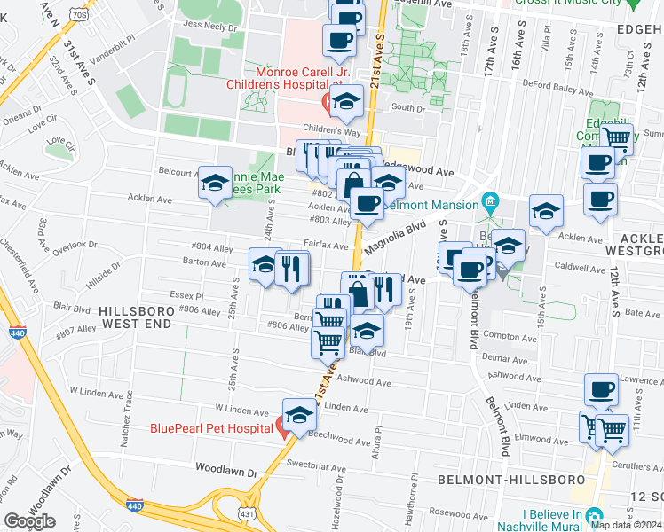 map of restaurants, bars, coffee shops, grocery stores, and more near 2108 Portland Avenue in Nashville