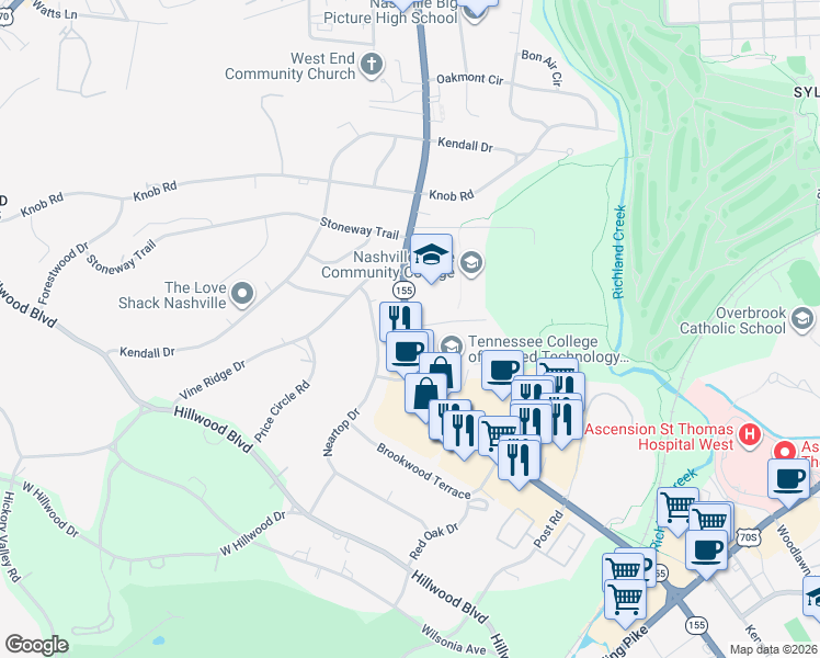 map of restaurants, bars, coffee shops, grocery stores, and more near 139 White Bridge Road in Nashville