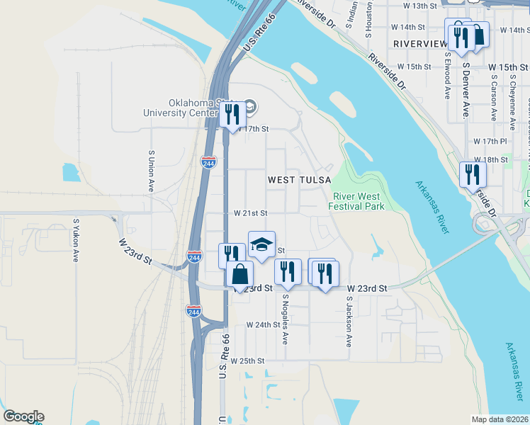 map of restaurants, bars, coffee shops, grocery stores, and more near 2027 South Olympia Avenue in Tulsa