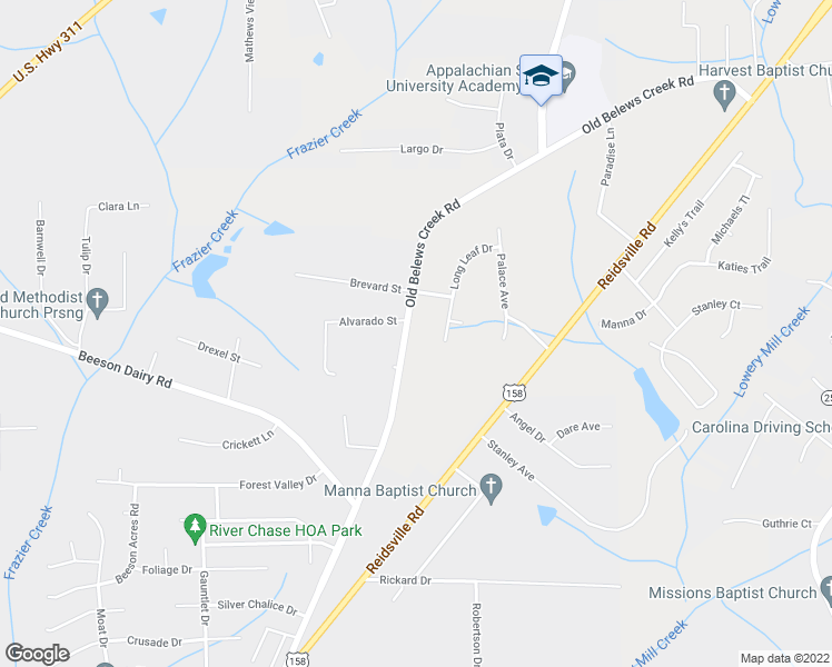 map of restaurants, bars, coffee shops, grocery stores, and more near 4449 Old Belews Creek Road in Winston-Salem