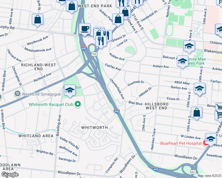 map of restaurants, bars, coffee shops, grocery stores, and more near 406 Lancaster Avenue in Nashville