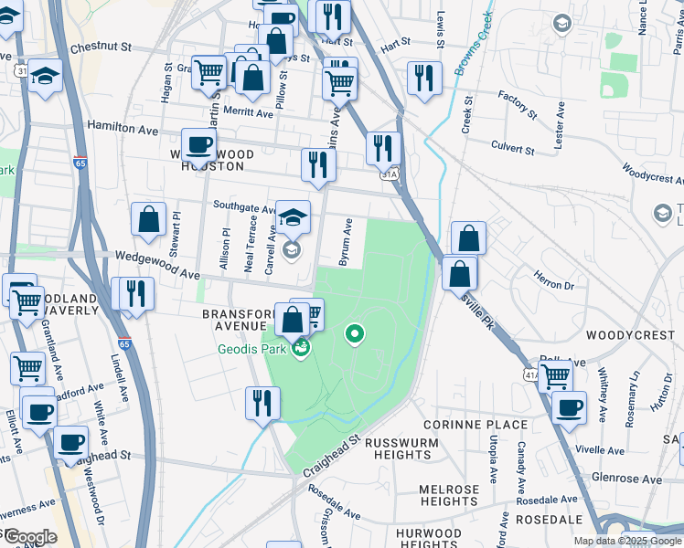 map of restaurants, bars, coffee shops, grocery stores, and more near 2168 Byrum Avenue in Nashville