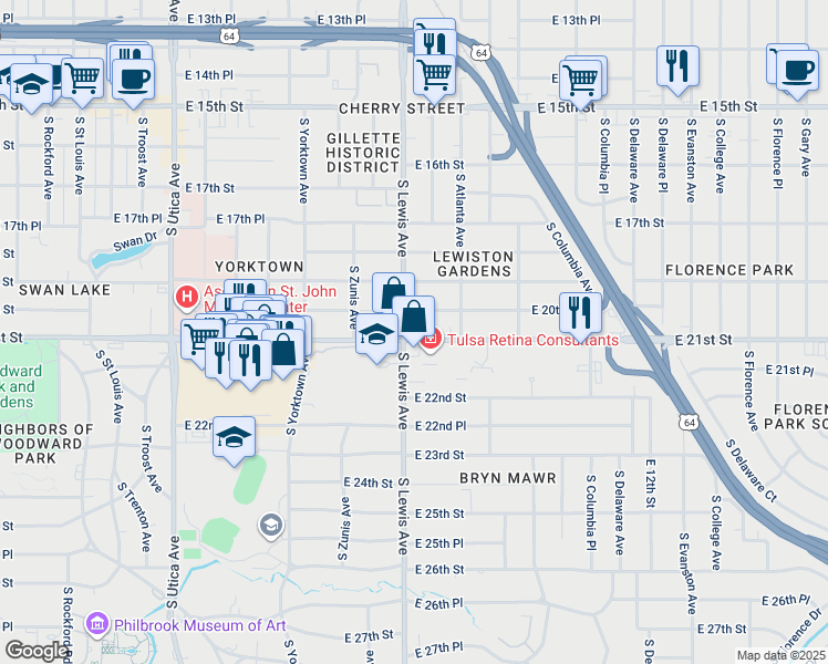 map of restaurants, bars, coffee shops, grocery stores, and more near 2021 South Lewis Avenue in Tulsa