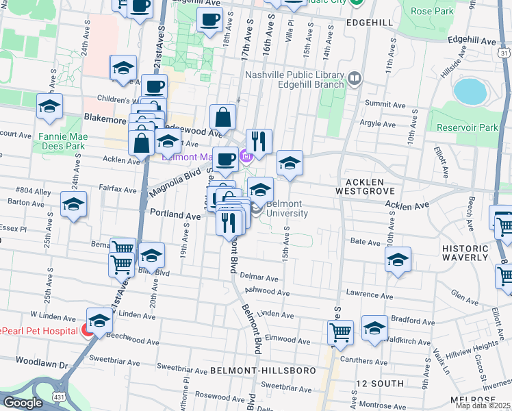 map of restaurants, bars, coffee shops, grocery stores, and more near 1900 Belmont Boulevard in Nashville