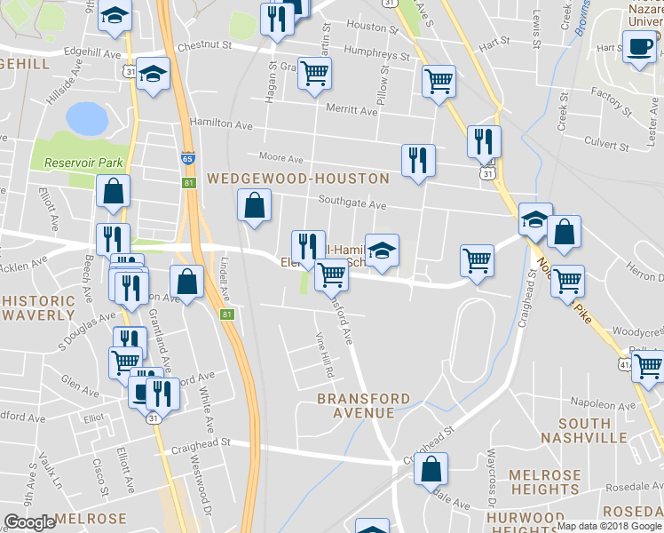 map of restaurants, bars, coffee shops, grocery stores, and more near 1818 Allison Place in Nashville