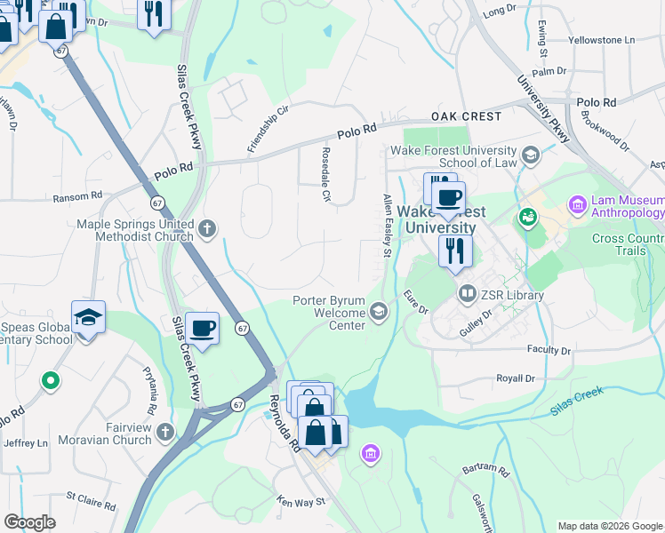 map of restaurants, bars, coffee shops, grocery stores, and more near 2526 Woodberry Drive in Winston-Salem