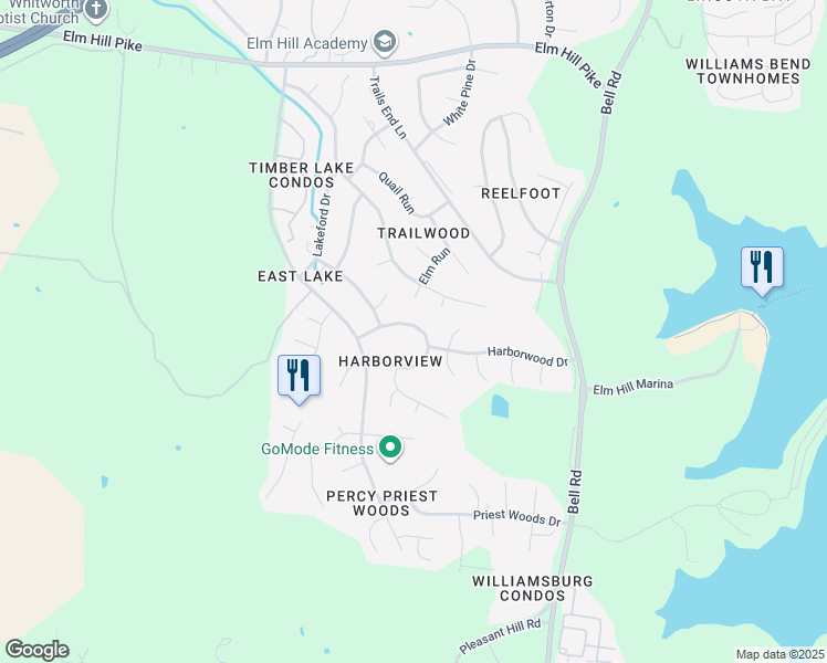 map of restaurants, bars, coffee shops, grocery stores, and more near 3432 Harborwood Circle in Nashville