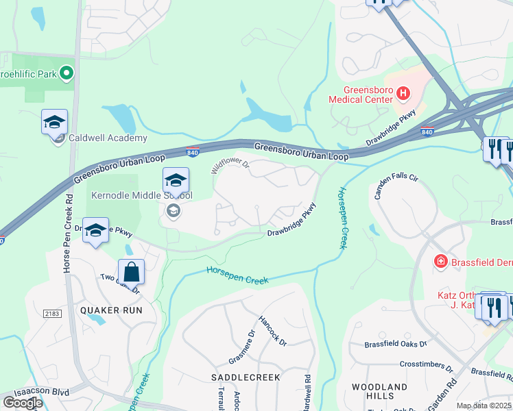map of restaurants, bars, coffee shops, grocery stores, and more near 4100 Well Spring Drive in Greensboro