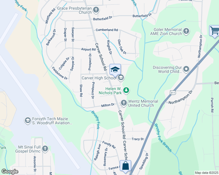 map of restaurants, bars, coffee shops, grocery stores, and more near 3526 Carver School Road in Winston-Salem