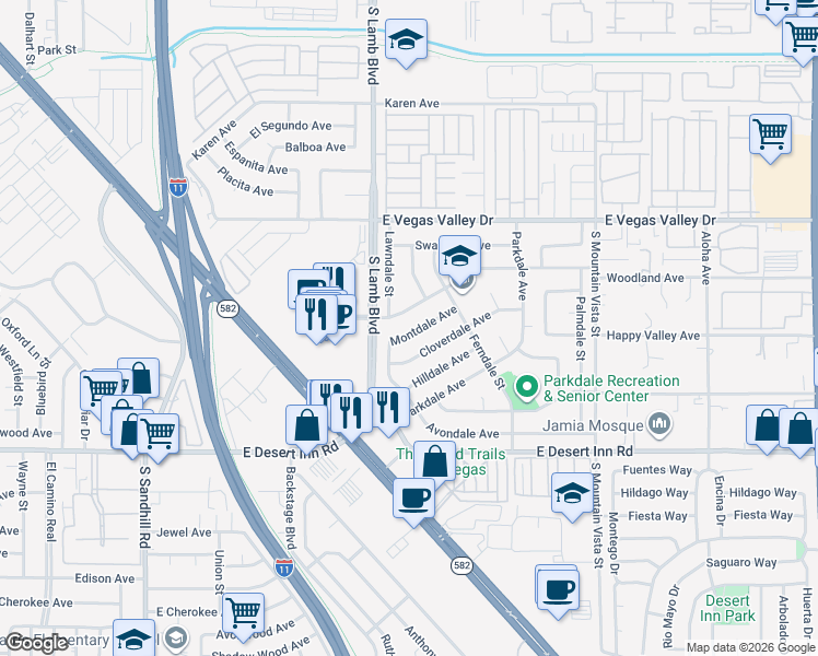 map of restaurants, bars, coffee shops, grocery stores, and more near 4282 Montdale Avenue in Las Vegas