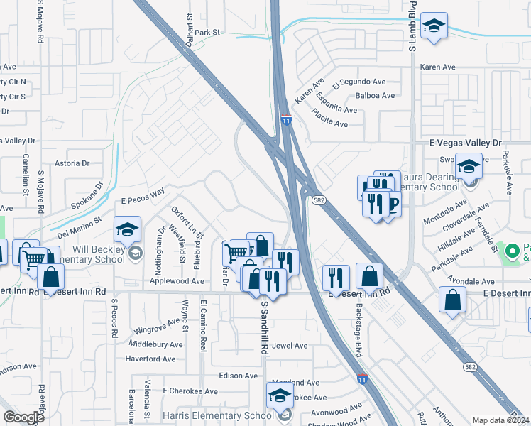 map of restaurants, bars, coffee shops, grocery stores, and more near 136 Greenbriar Townhouse Way in Las Vegas