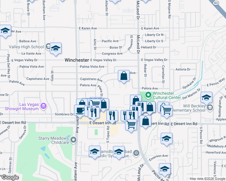 map of restaurants, bars, coffee shops, grocery stores, and more near 3080 Capistrano Court in Las Vegas