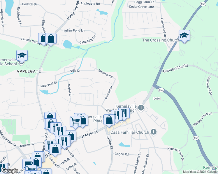 map of restaurants, bars, coffee shops, grocery stores, and more near 301 Windsor Manor Way in Kernersville