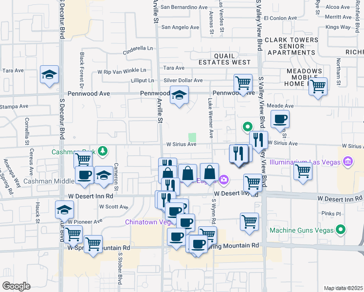 map of restaurants, bars, coffee shops, grocery stores, and more near 42-59 West Sirius Avenue in Las Vegas