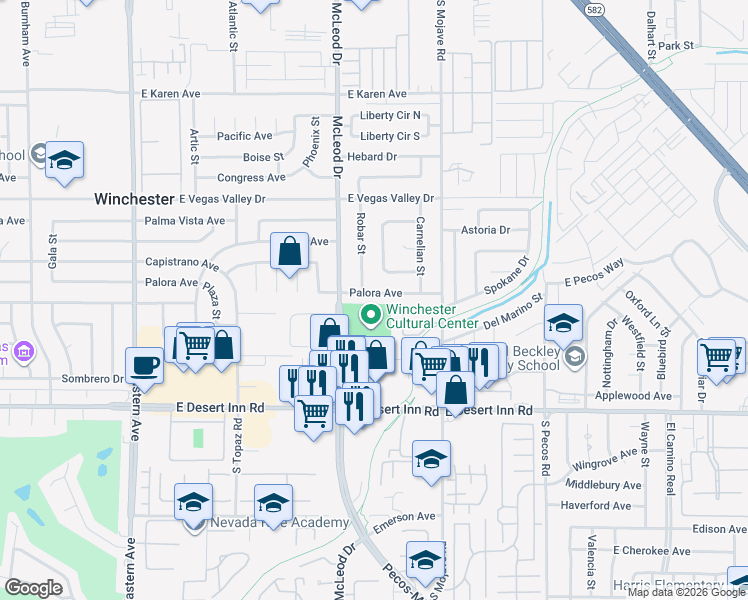map of restaurants, bars, coffee shops, grocery stores, and more near 3049 Palora Avenue in Las Vegas