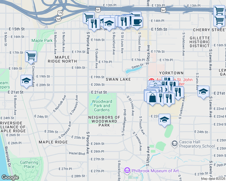 map of restaurants, bars, coffee shops, grocery stores, and more near 1515 East 21st Street in Tulsa