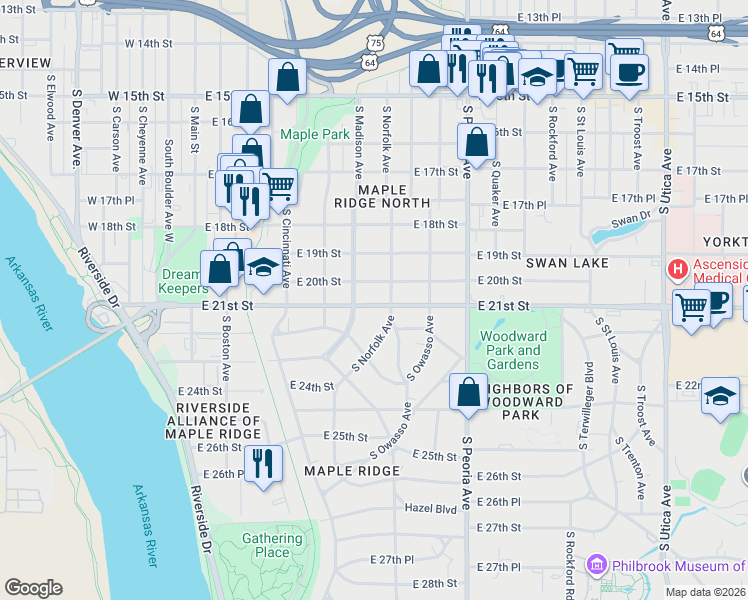 map of restaurants, bars, coffee shops, grocery stores, and more near 1017 East 21st Street in Tulsa