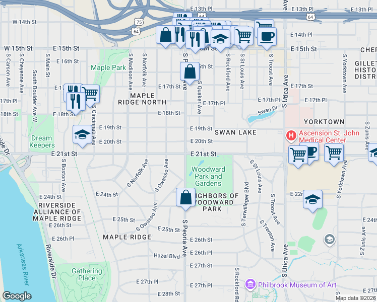 map of restaurants, bars, coffee shops, grocery stores, and more near in Tulsa
