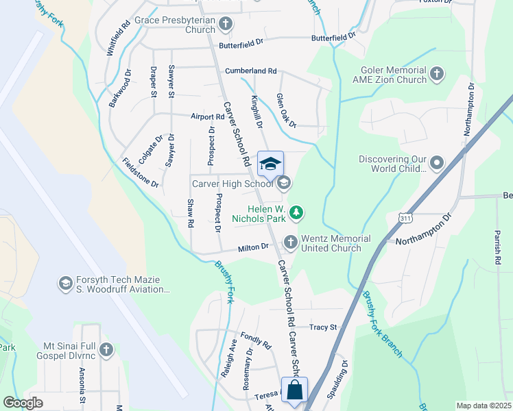 map of restaurants, bars, coffee shops, grocery stores, and more near 3526 Carver School Road in Winston-Salem