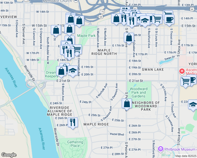 map of restaurants, bars, coffee shops, grocery stores, and more near 1005 East 21st Street in Tulsa