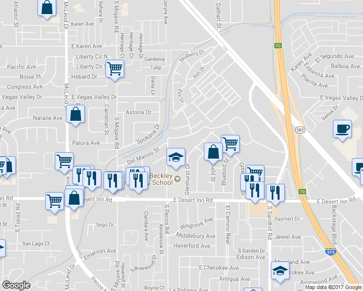 map of restaurants, bars, coffee shops, grocery stores, and more near 233 East Pecos Way in Las Vegas