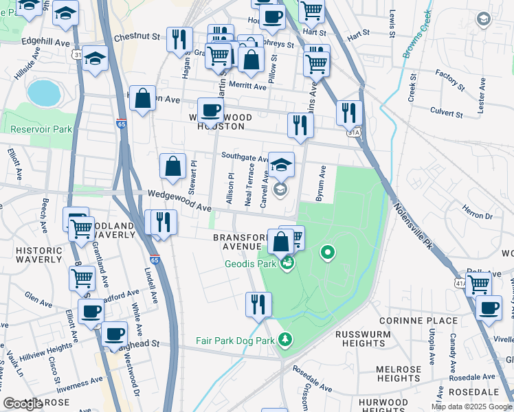 map of restaurants, bars, coffee shops, grocery stores, and more near 526 Wedgewood Avenue in Nashville