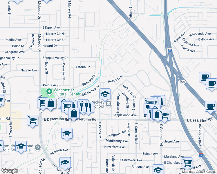 map of restaurants, bars, coffee shops, grocery stores, and more near 233 East Pecos Way in Las Vegas