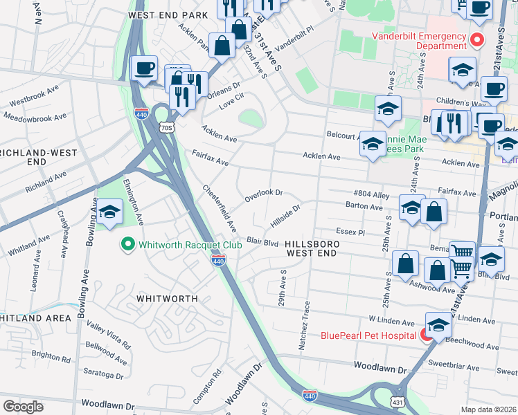 map of restaurants, bars, coffee shops, grocery stores, and more near 2201 Westview Drive in Nashville